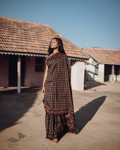 Ajrakh Silk Cotton Hand Block Printed black Saree