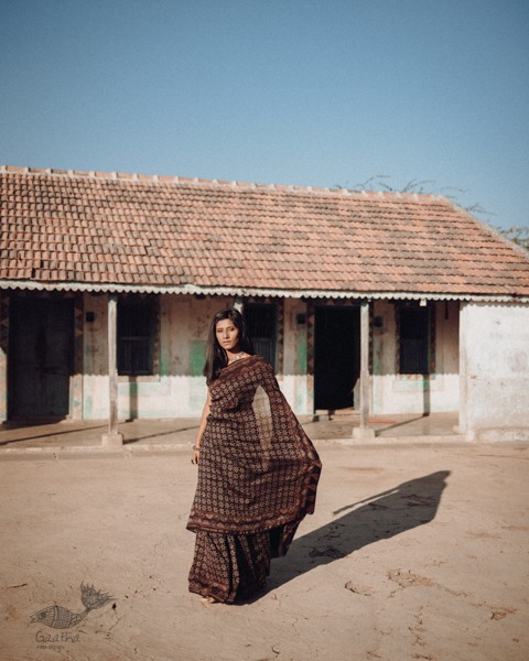 Ajrakh Silk Cotton Hand Block Printed black Saree