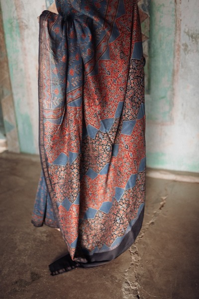 Ajrakh Silk Cotton Hand Block Printed Saree