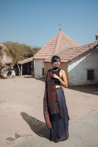 Ajrakh Silk Cotton Hand Block Printed Saree