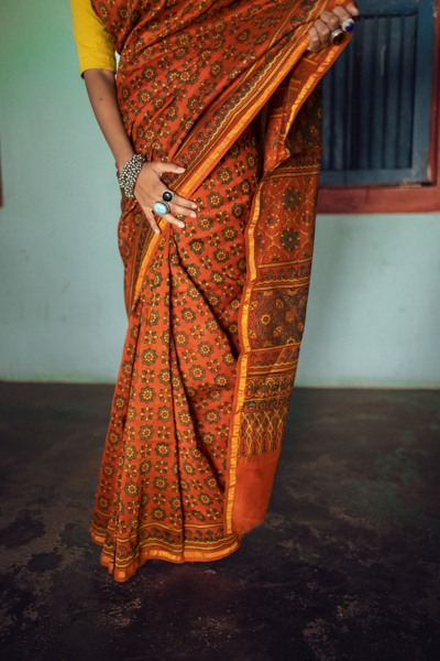 Ajrakh Silk Cotton Hand Block Printed orange Saree