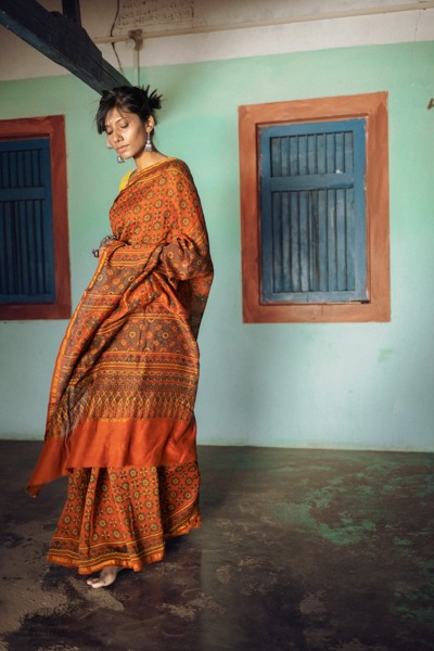 Ajrakh Silk Cotton Hand Block Printed orange Saree