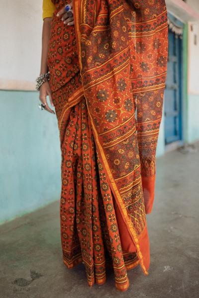 Ajrakh Silk Cotton Hand Block Printed orange Saree