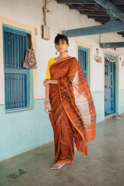 Ajrakh Silk Cotton Hand Block Printed orange Saree