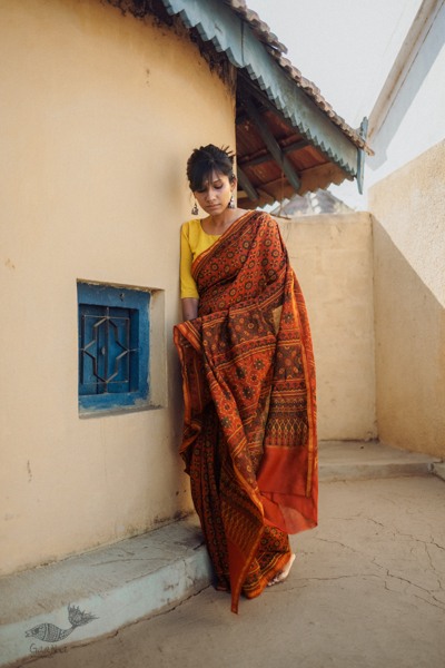 Ajrakh Silk Cotton Hand Block Printed orange Saree