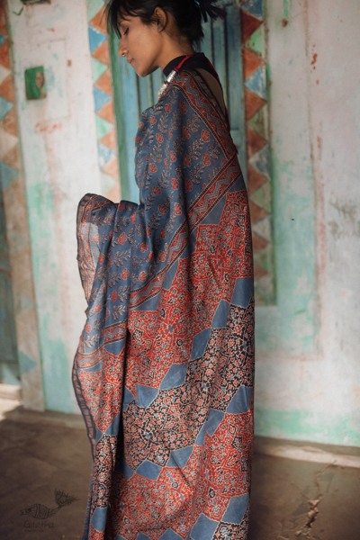 Ajrakh Silk Cotton Hand Block Printed Saree