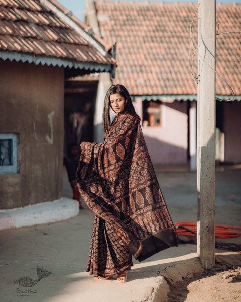 Ajrakh Silk Cotton Hand Block Printed black Saree