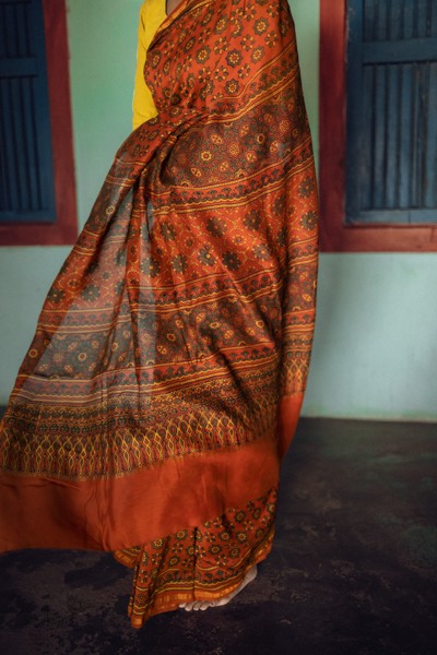 Ajrakh Silk Cotton Hand Block Printed orange Saree