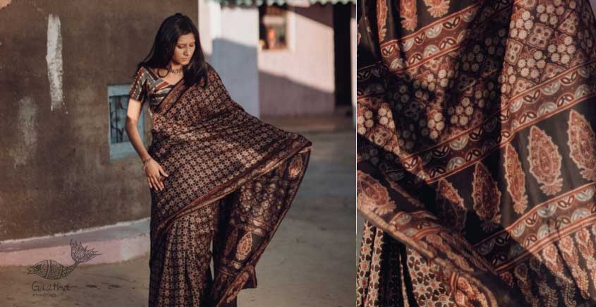 Ajrakh Silk Cotton Hand Block Printed black Saree