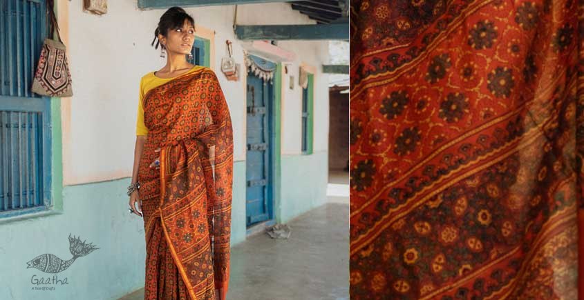 Ajrakh Silk Cotton Hand Block Printed orange Saree