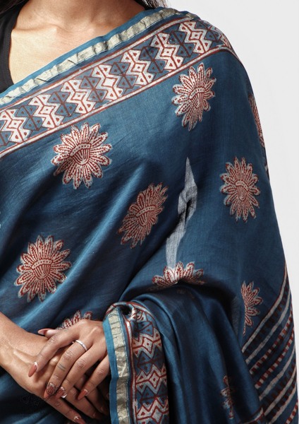 shop Cotton Silk Dabu & Pharad Block Printed Indigo Saree