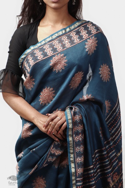 shop Cotton Silk Dabu & Pharad Block Printed Indigo Saree