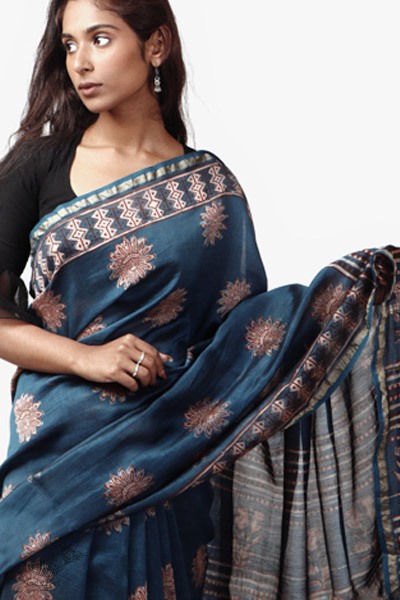 shop Cotton Silk Dabu & Pharad Block Printed Indigo Saree