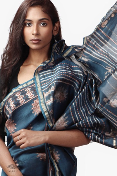 shop Cotton Silk Dabu & Pharad Block Printed Indigo Saree