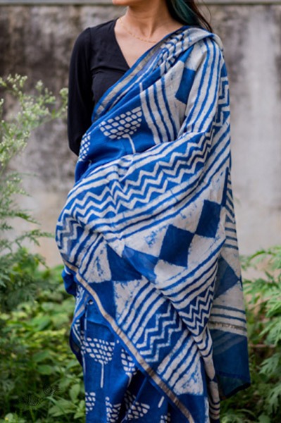 dabu hand block printed cotton silk indigo saree 