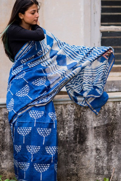 dabu hand block printed cotton silk indigo saree 