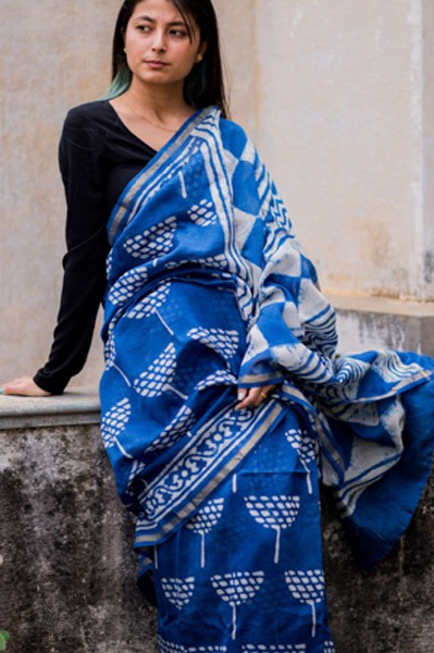 dabu hand block printed cotton silk indigo saree 