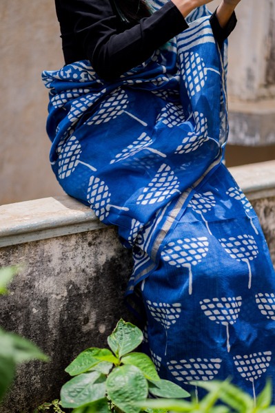 dabu hand block printed cotton silk indigo saree 