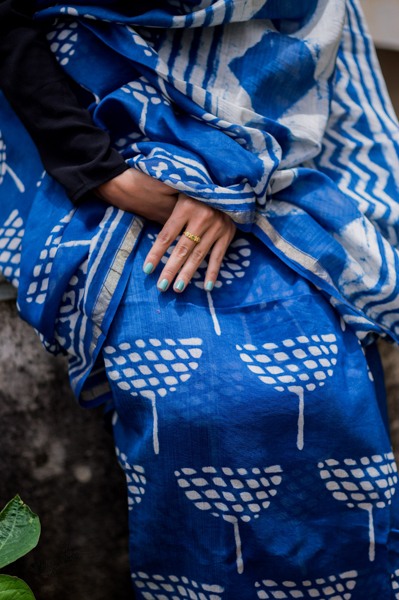 dabu hand block printed cotton silk indigo saree 