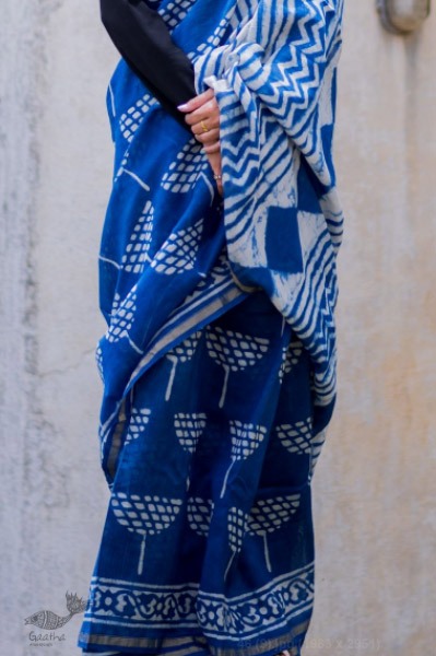 dabu hand block printed cotton silk indigo saree 