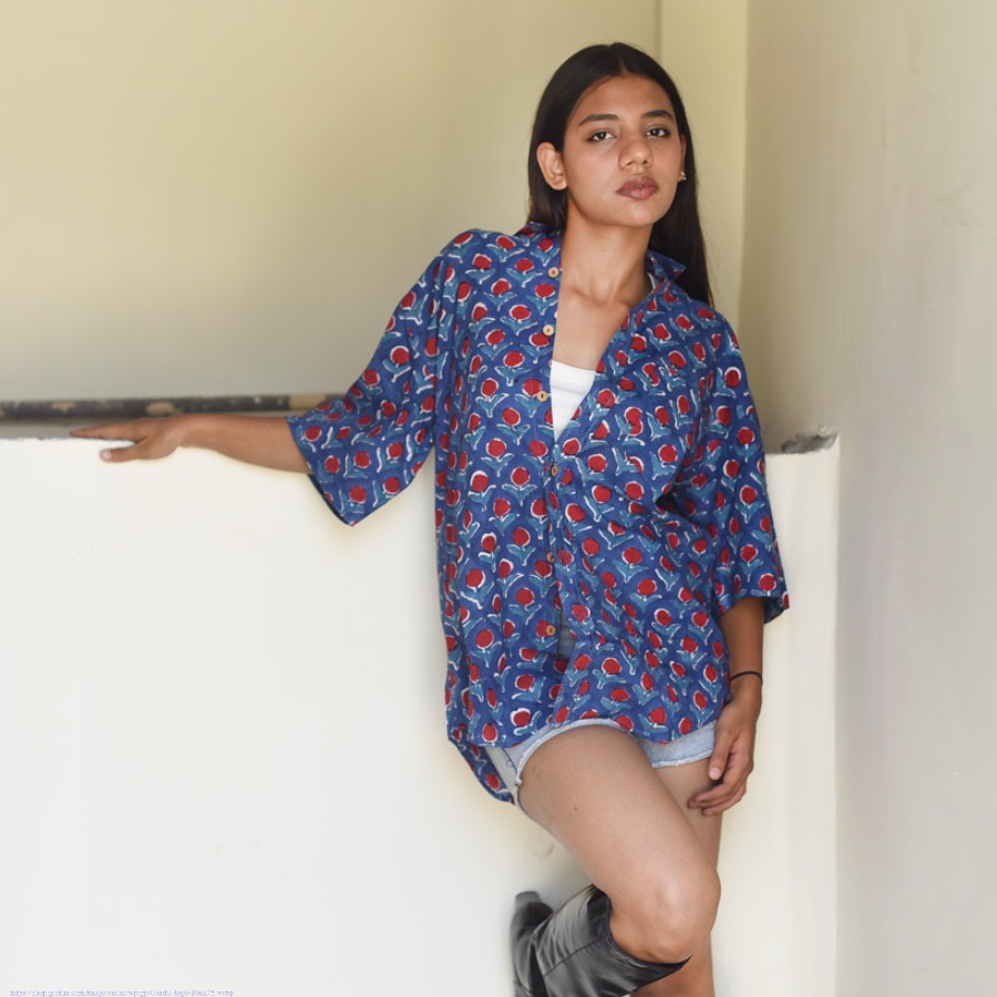 Shop block printed cotton Shirt ~ Blue- 