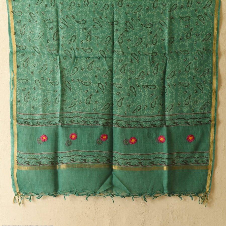 shop Block Printed - Kota Doria Green Dupatta 