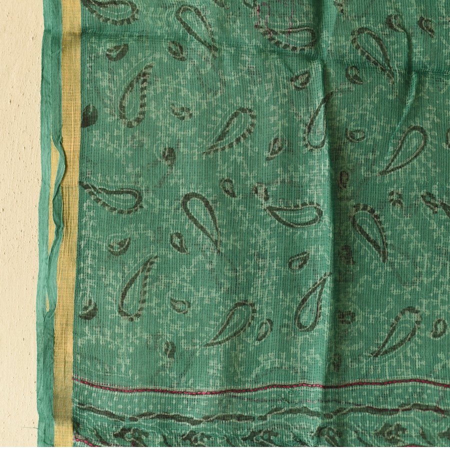 shop Block Printed - Kota Doria Green Dupatta 