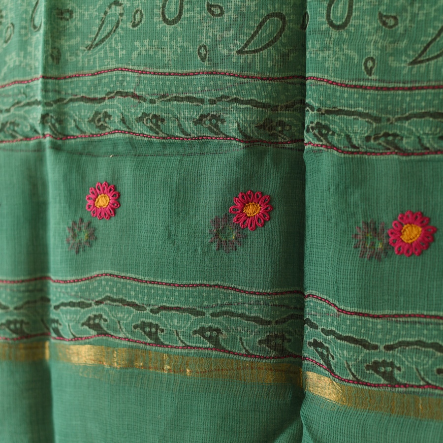 shop Block Printed - Kota Doria Green Dupatta 