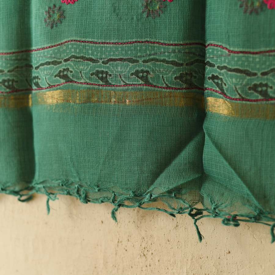 shop Block Printed - Kota Doria Green Dupatta 