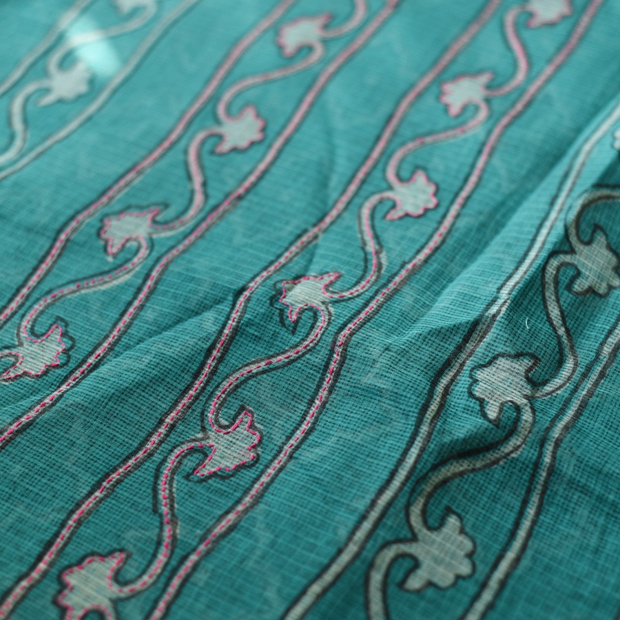 shop Block Printed Kota Cotton | Hand Embroidered Saree - Cyan Blue Color