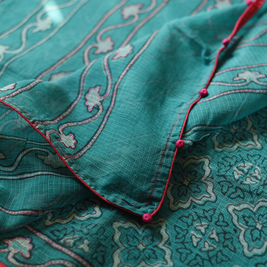 shop Block Printed Kota Cotton | Hand Embroidered Saree - Cyan Blue Color