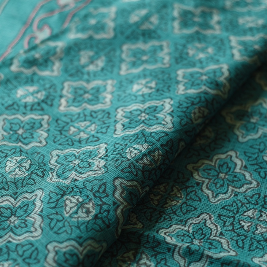 shop Block Printed Kota Cotton | Hand Embroidered Saree - Cyan Blue Color