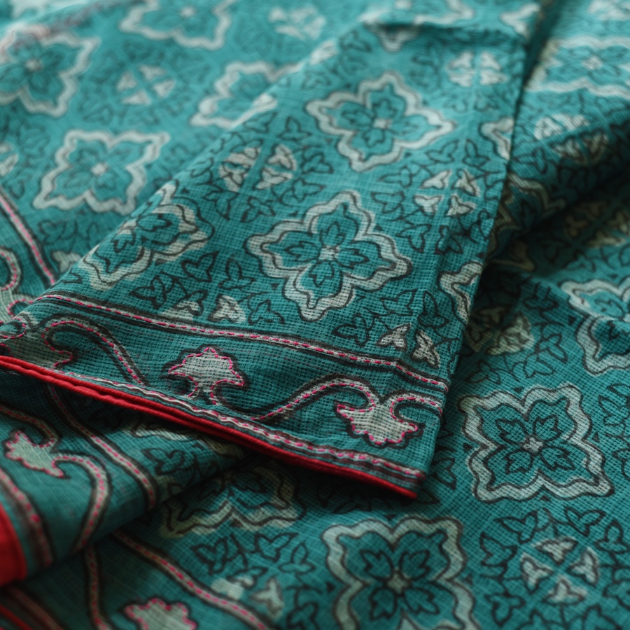 shop Block Printed Kota Cotton | Hand Embroidered Saree - Cyan Blue Color