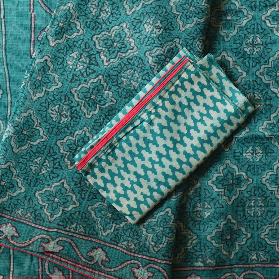 shop Block Printed Kota Cotton | Hand Embroidered Saree - Cyan Blue Color