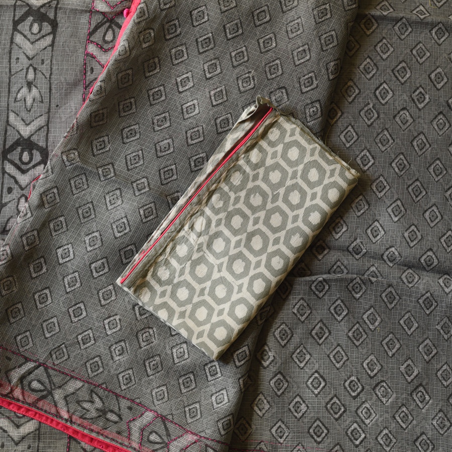 shop Block Printed Kota Cotton | Hand Embroidered grey Saree