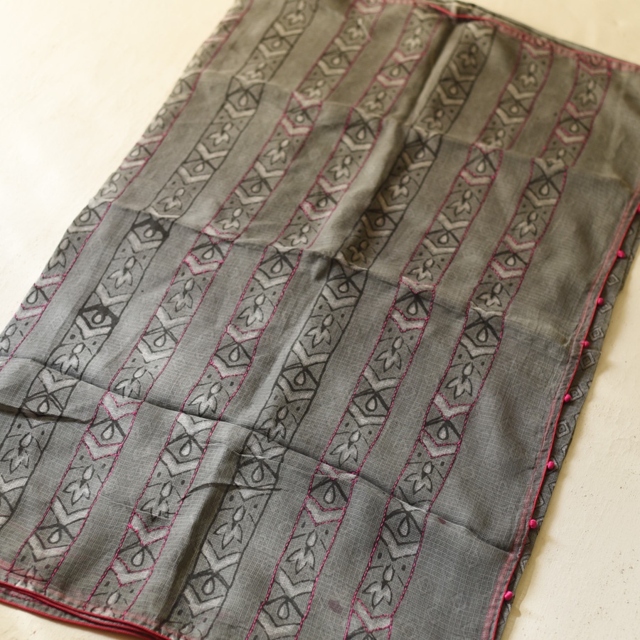 shop Block Printed Kota Cotton | Hand Embroidered grey Saree