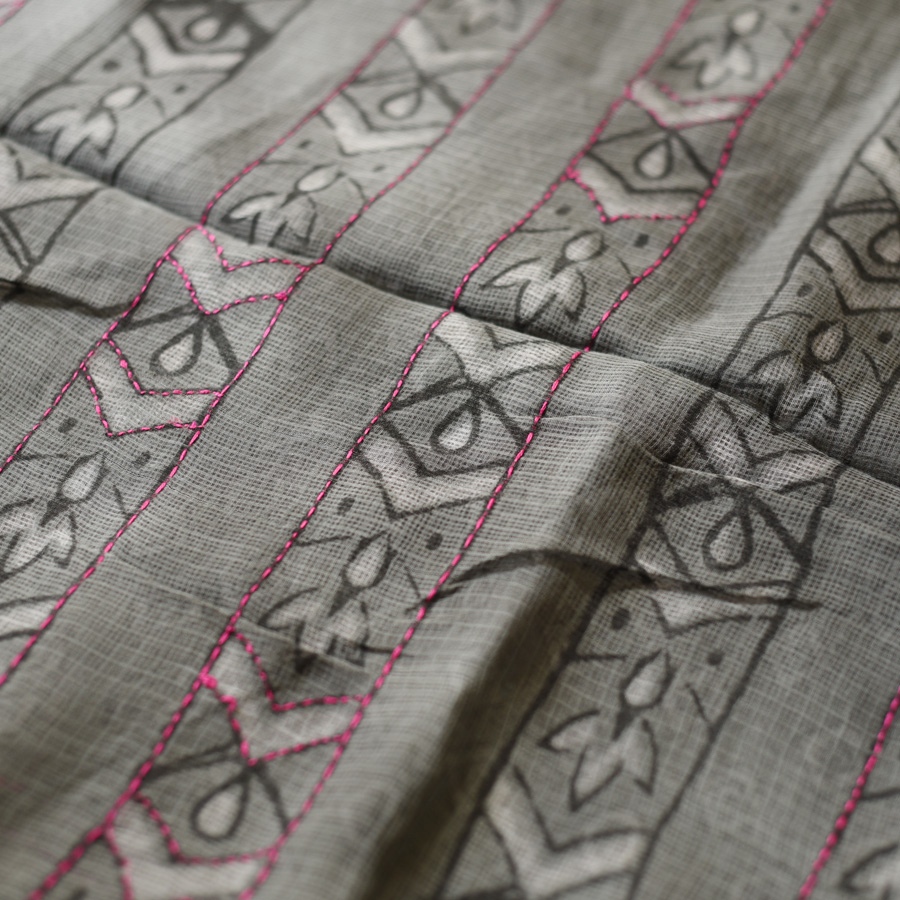 shop Block Printed Kota Cotton | Hand Embroidered grey Saree