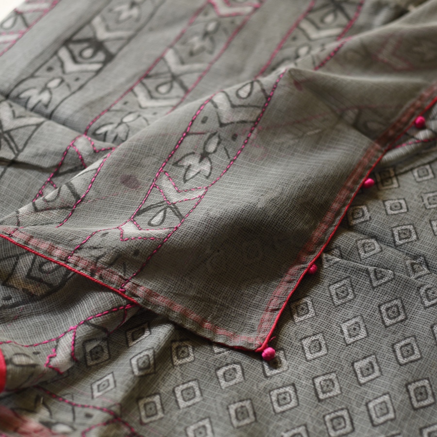 shop Block Printed Kota Cotton | Hand Embroidered grey Saree