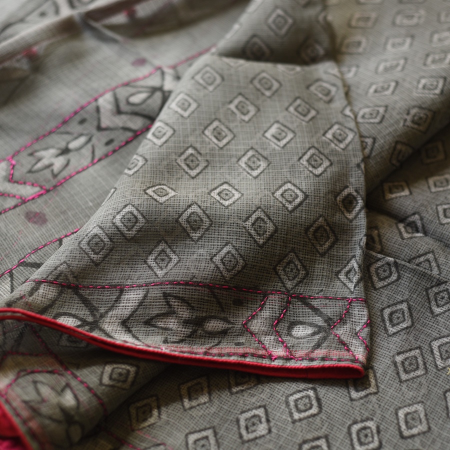 shop Block Printed Kota Cotton | Hand Embroidered grey Saree