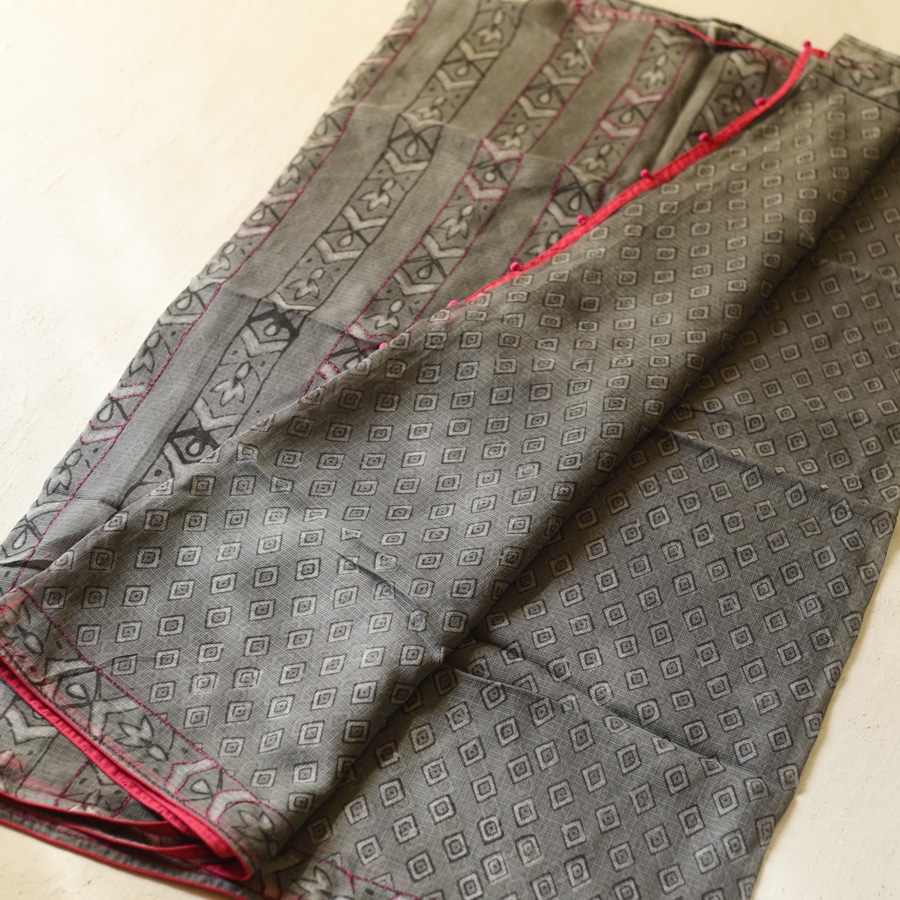 shop Block Printed Kota Cotton | Hand Embroidered grey Saree