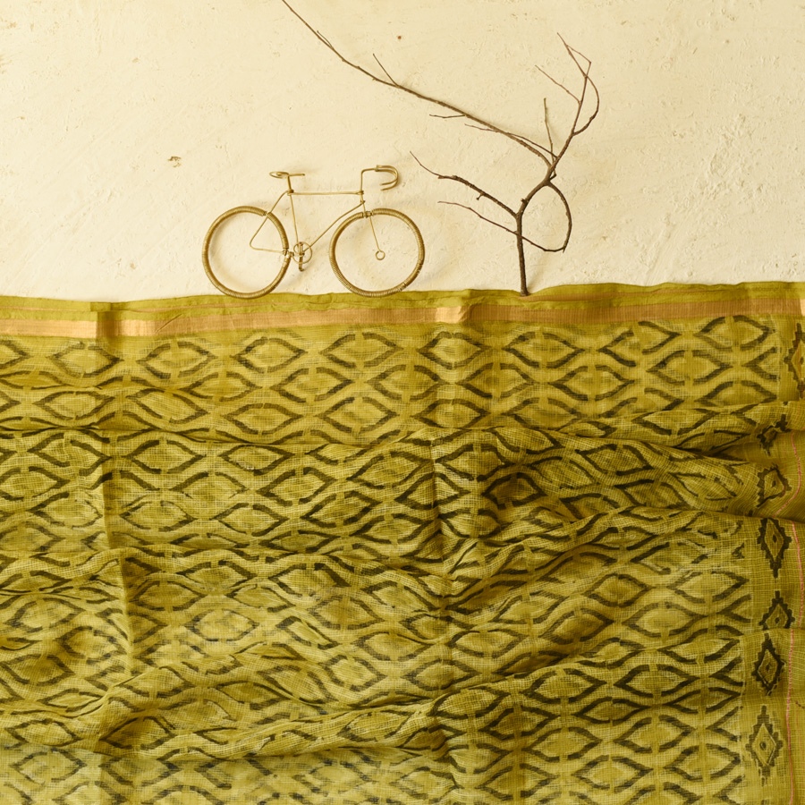 shop Block Printed Soft Kota Doria Cotton Dupatta - Yellow