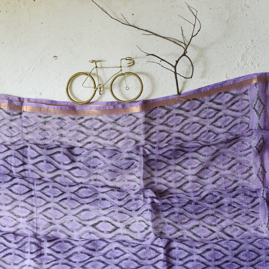 shop Block Printed - Kota Doria Purple Dupatta 