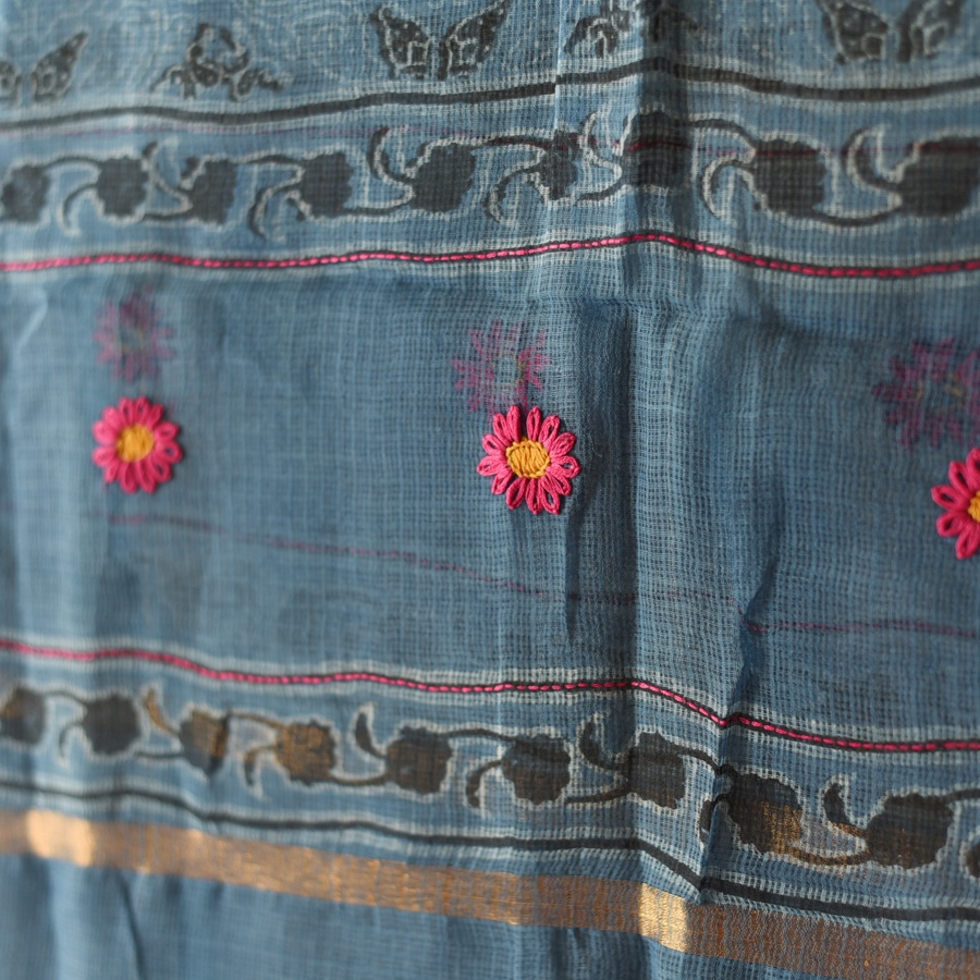 shop Block Printed - Handwoven Kota Doria Cotton Dupatta - Purple & Blue