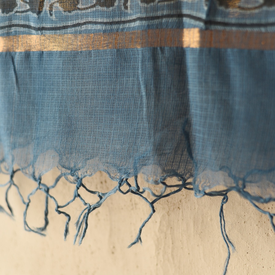 shop Block Printed - Handwoven Kota Doria Cotton Dupatta - Purple & Blue