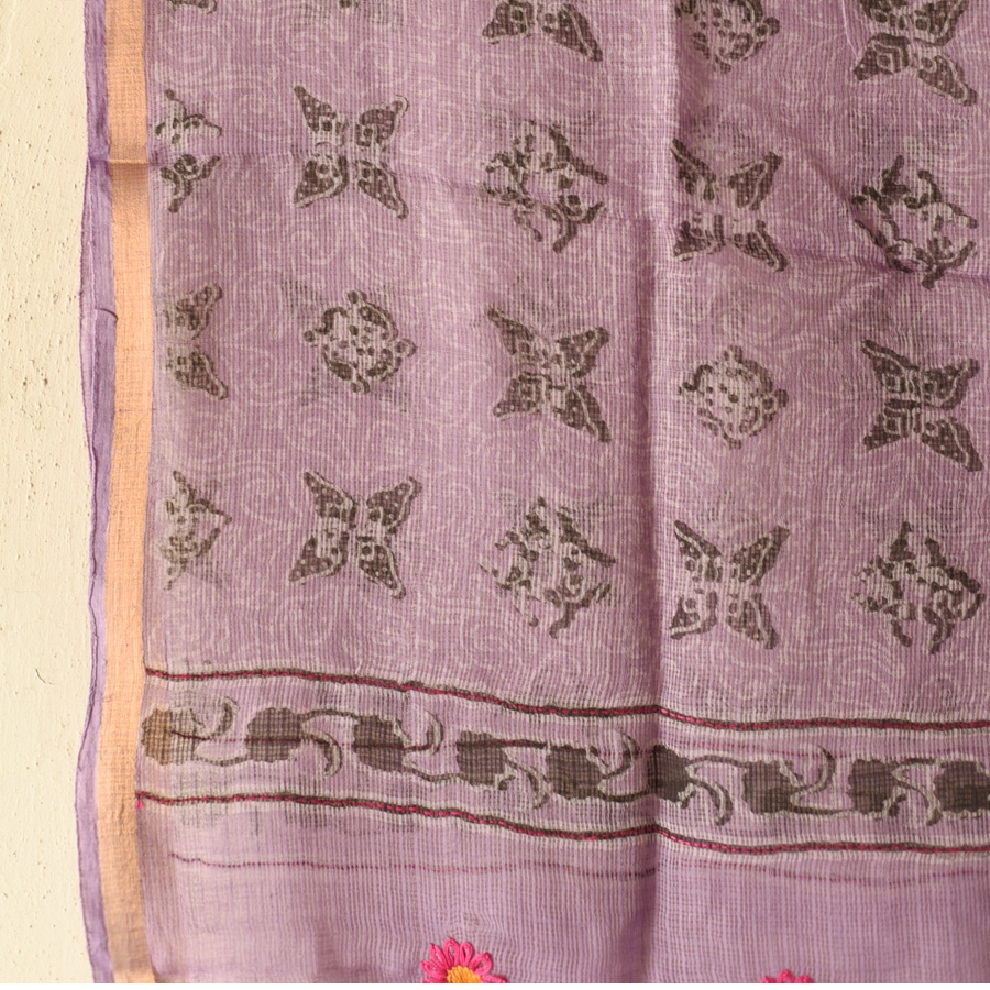 shop Block Printed - Handwoven Kota Doria Cotton Dupatta - Purple & Blue