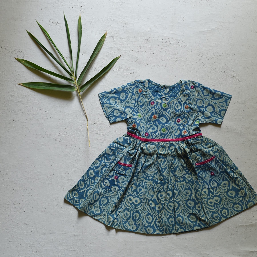 shop Pure Cotton Embroidered - Blue frock for girl