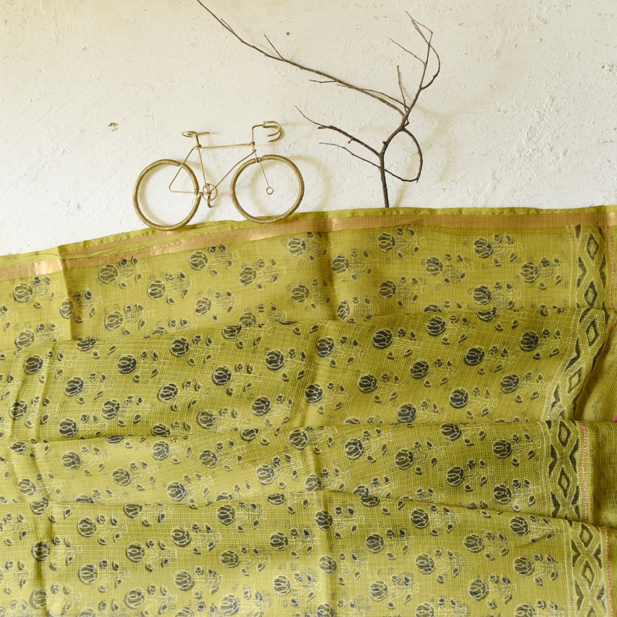 shop Block Printed Kota Doria Cotton Mustard Yellow Dupatta