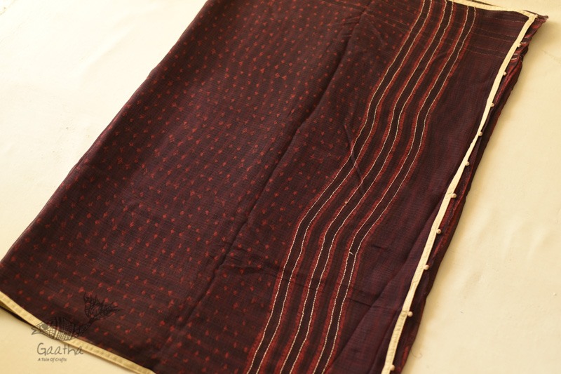 shop Block Printed Kota Cotton Embroidered Saree - Brown