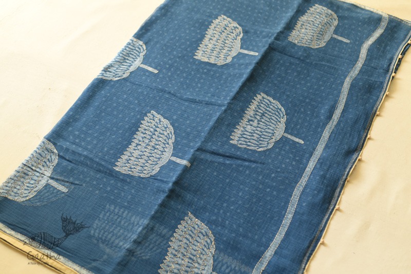 shop Block Printed Kota Cotton Embroidered Saree - Indigo Blue