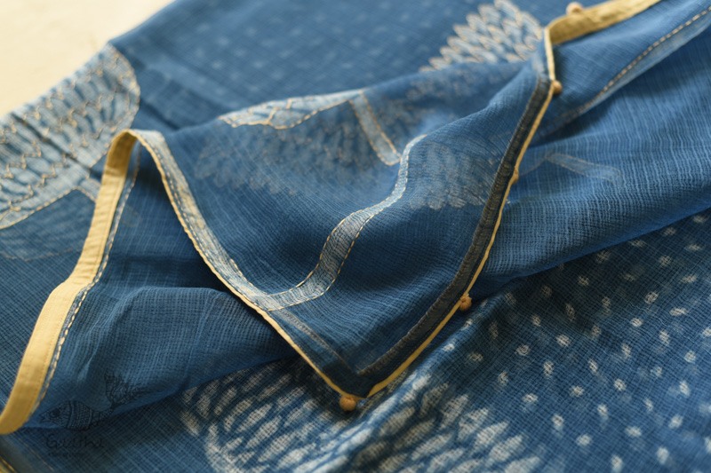 shop Block Printed Kota Cotton Embroidered Saree - Indigo Blue